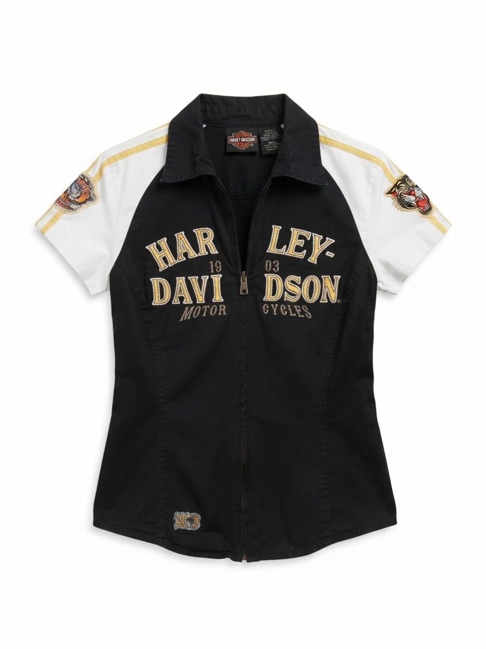 Y2K Harley Davidson Zip Up Shirt Black White Size S Patches Biker